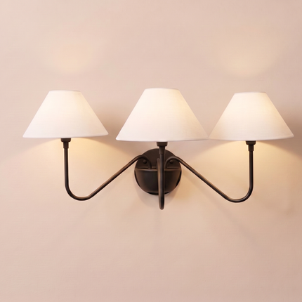 Matte Black 3 Light Wall Sconce, Modern Wall Lamp, Black Wall Light, White Shade Sconce, Curved Arm Lighting Elegant Home Decor design light