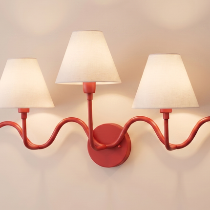 3 Light Red Wall Sconce, Sculptural Wall Lamp, White Fabric Shades, Modern Wall Light, Artistic Sconce, Statement Lighting badroom light