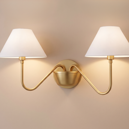Gold Brass Double Wall Sconce, Elegant 2 Light Wall Lamp with White Shades, Luxury Bedroom Lighting for Refined Home Interiors Décor Options