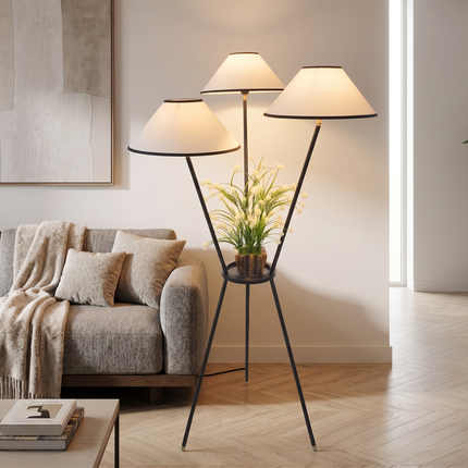 Floor Lamp Tripod with Built-In Plant Stand, Modern Botanical Light, Matte Black Metal Standing Lamp for Room, Sunroom Reading Corner Decor.