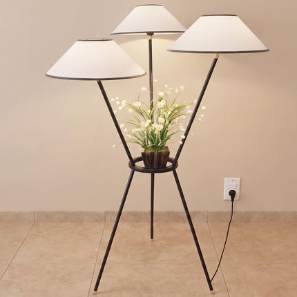 Floor Lamp Tripod with Built-In Plant Stand, Modern Botanical Light, Matte Black Metal Standing Lamp for Room, Sunroom Reading Corner Decor.