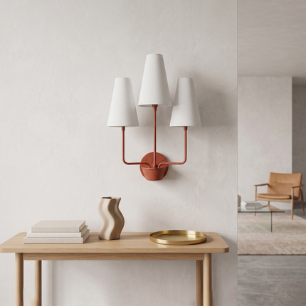 Red 3 Light Wall Sconce Triple Arm Wall Lamp, White Fabric Shade Lighting, Modern Red Wall Light, Statement Sconce, Dining Room Decor design