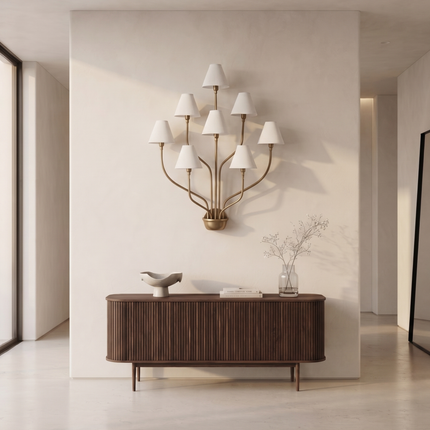 Wall Light – Luxury Antique Brass 8-Light Wall Sconce with White Fabric Shades | Wall Lighting Fixture for Living Room Bedroom Hallway Deco