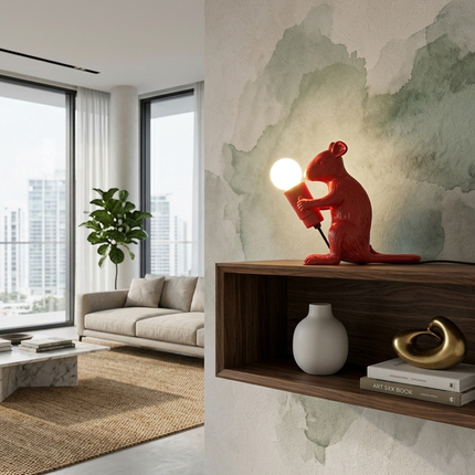 Table Lamp – Modern Red Mouse Table Lamp Holding Exposed Globe Bulb | Artistic Decorative Animal Accent Lighting for Contemporary Interiors