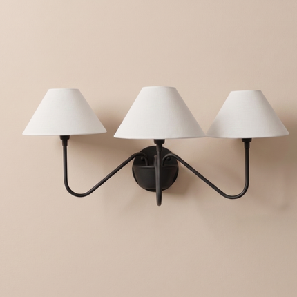 Matte Black 3 Light Wall Sconce, Modern Wall Lamp, Black Wall Light, White Shade Sconce, Curved Arm Lighting Elegant Home Decor design light