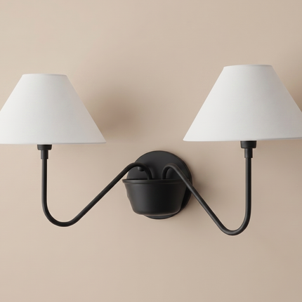 Matte Black Double Wall Sconce, Modern 2 Light Bedroom Wall Lamp with White Shades, Contemporary Bedside Lighting for Stylish Home Décor Art