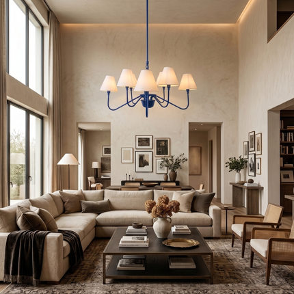 Modern Blue 8 Light Chandelier with White Fabric Shades | Contemporary Ceiling Pendant Light for Dining Room & Living Room