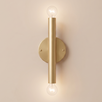 Wall Sconce Gold Brass Double Bulb Lighting Fixture – Minimalist Brass Wall Lamp for Bedroom Living Room Hallway Staircase & Interior Decor.