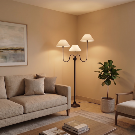 Floor Lamp Modern Matte Black 3 Light Curved Arms & White Shades, Contemporary Standing Lamp for Living Room, Bedroom, Reading Corner Decor.