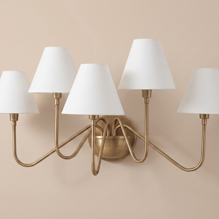 Antique Brass 5 Light Wall Sconce, Modern Wall Lamp with White Shades, Brass Wall Lighting, Mid Century Wall Light, Bedroom Home Lighting.