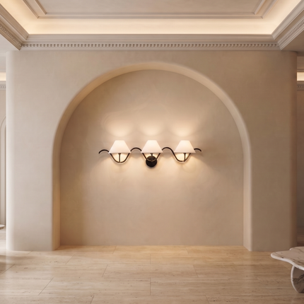 Matte Black 3 Light Wall Sconce, Triple Wall Lamp,Metal Wall Light with White Fabric Shades, Modern Bathroom , Bedroom Lighting,Dining Room