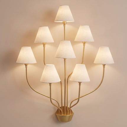 Wall Sconce in Gold Multi Arm with White Fabric Shades – Luxury 8 Light Designer Wall Lamp for Living Room Hallway Hotel & Home Decor design