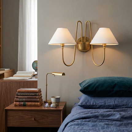 Wall Light Brushed Brass Double Arm Designer Sconce, Mid Century Modern Luxury Wall Fixture with White Linen Shades for Interiors