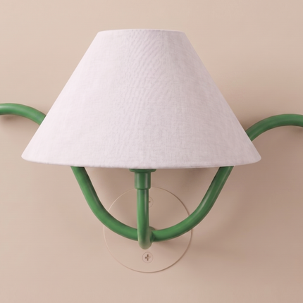 Green Wall Sconce with White Linen Shade, Modern 1 Light Wall Lamp, Curved Arm Sconce, Bedroom Lighting, Colorful Accent Light, Home Decor
