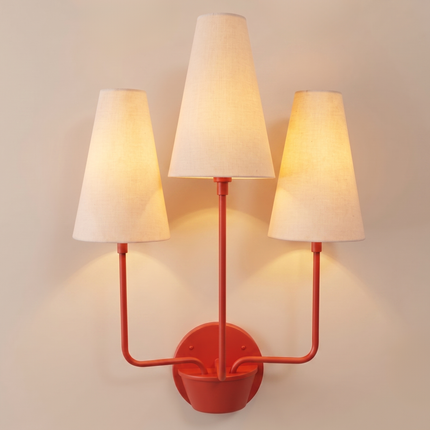 Red 3 Light Wall Sconce Triple Arm Wall Lamp, White Fabric Shade Lighting, Modern Red Wall Light, Statement Sconce, Dining Room Decor design