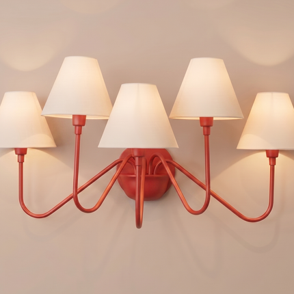 Red 5 Light Wall Sconce, Modern Colorful Wall Lamp with White Shades, Statement Wall Lighting, Contemporary Bedroom and Living Room Light