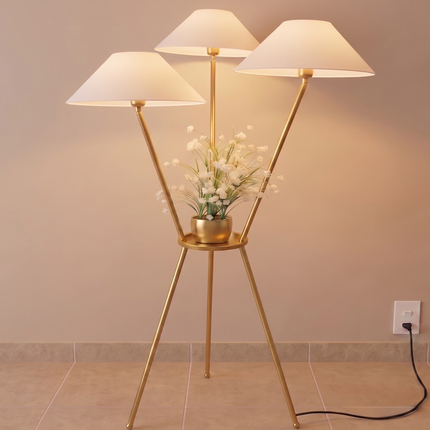 Floor Lamp Gold Tripod with Built-In Plant Stand, Luxury Modern Standing Light, Three Shade Floor Lamp for Living Room, Bedroom,Home Decor