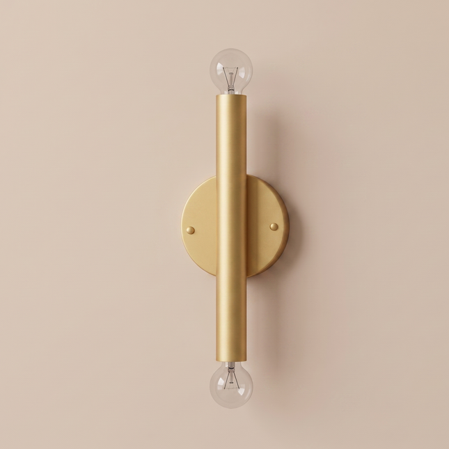 Wall Sconce Gold Brass Double Bulb Lighting Fixture – Minimalist Brass Wall Lamp for Bedroom Living Room Hallway Staircase & Interior Decor.
