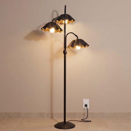 Floor Lamp with Modern Matte Black 3-Light Scalloped Metal Shades, Mid Century Modern Standing Lamp for Living Room, Bedroom Corner Decor.