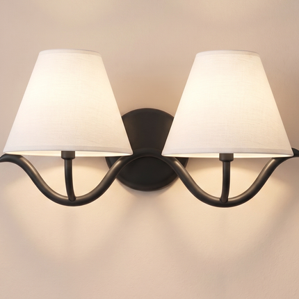 Modern 2 Light Wall Sconce Matte Black Double White Fabric Shades, Bedroom Bedside Wall Lamp, Living Room Hallway, Bathroom Vanity Fixture