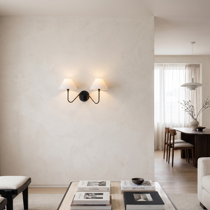 Matte Black Double Wall Sconce, Modern 2 Light Bedroom Wall Lamp with White Shades, Contemporary Bedside Lighting for Stylish Home Décor Art