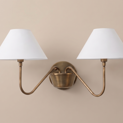 Antique Brass Double Wall Sconce, Vintage Inspired 2 Light Wall Lamp with White Shades, Elegant Lighting for Classic Home Interiors Wall Art