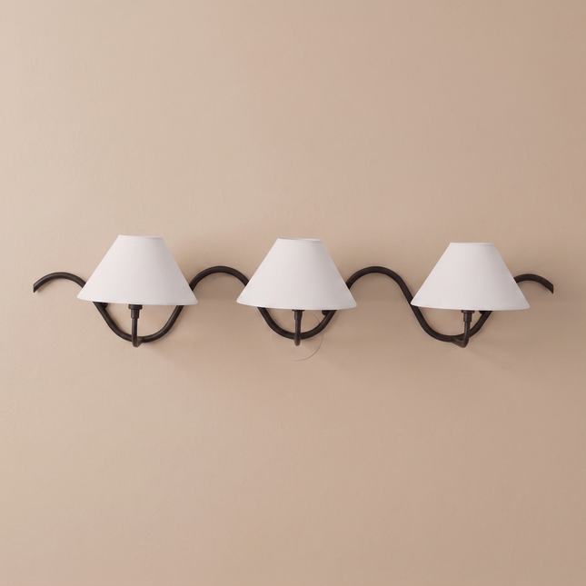 Matte Black 3 Light Wall Sconce, Modern Wall Lamp, White Fabric Shade Lighting, Sculptural Wall Light, Bedroom, Living Room & Hallway Decor
