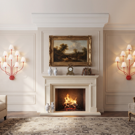 Wall Light – Bold Modern Red 8-Light Designer Wall Sconce with White Fabric Lampshades. Statement Wall Lighting Fixture for Luxury Interiors