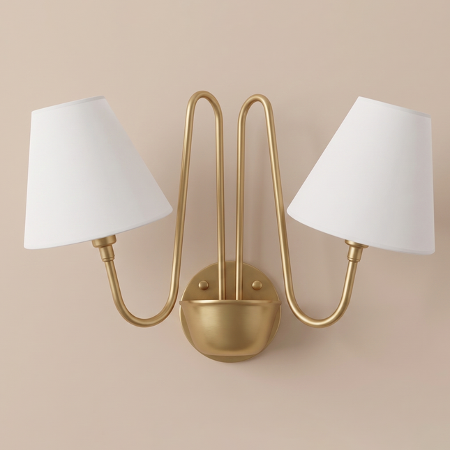 2 Light Gold Wall Sconce, Brass Wall Lamp with White Fabric Shades, Modern Luxury Wall Light, Elegant Bedroom Sconce, Living Room Lighting