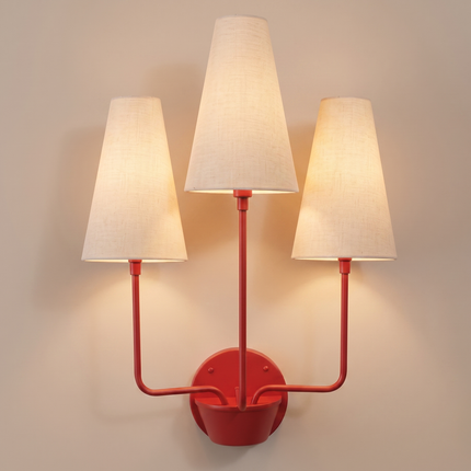 Red 3 Light Wall Sconce Triple Arm Wall Lamp, White Fabric Shade Lighting, Modern Red Wall Light, Statement Sconce, Dining Room Decor design
