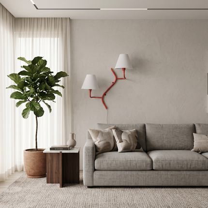 2 Light Red Wall Sconce, Sculptural Wall Lamp, White Fabric Shades, Modern Wall Light, Artistic Sconce, Living Room Bedroom Lighting design