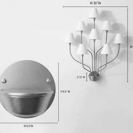 8 Light Wall Sconce, Black Wall Lamp, Large Statement Sconce, White Fabric Shades, Modern Chandelier Wall Light, Living Room Lighting