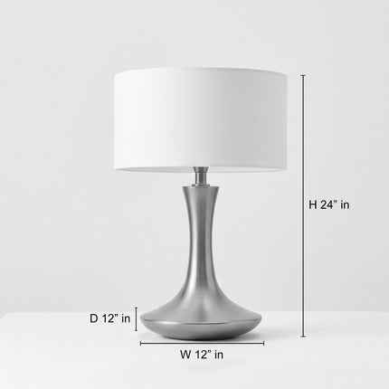 Table Lamp – Modern Metallic Silver Tulip Base Table Lamp with Large Fabric Drum Shade | Sophisticated Contemporary Interior Lighting