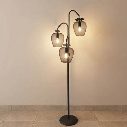 Floor Lamp in Matte Black with 3 Lights, Decorative Metal Fruit Shade Standing Lamp for Living Room, Bedroom, Entryway & Office Decoration
