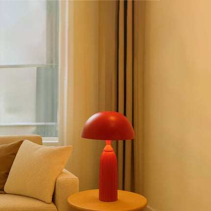 Table Lamp – Bold Modern Red Dome Table Lamp with Elegant Ribbed Column Base | Artistic Mid Century Bedside Lamp for Contemporary Home Decor
