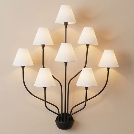 8 Light Wall Sconce, Black Wall Lamp, Large Statement Sconce, White Fabric Shades, Modern Chandelier Wall Light, Living Room Lighting