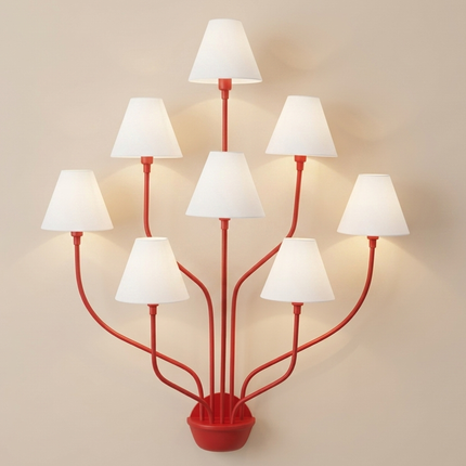 Wall Light – Bold Modern Red 8-Light Designer Wall Sconce with White Fabric Lampshades. Statement Wall Lighting Fixture for Luxury Interiors
