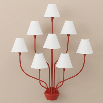 Wall Light – Bold Modern Red 8-Light Designer Wall Sconce with White Fabric Lampshades. Statement Wall Lighting Fixture for Luxury Interiors