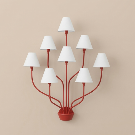 Wall Light – Bold Modern Red 8-Light Designer Wall Sconce with White Fabric Lampshades. Statement Wall Lighting Fixture for Luxury Interiors
