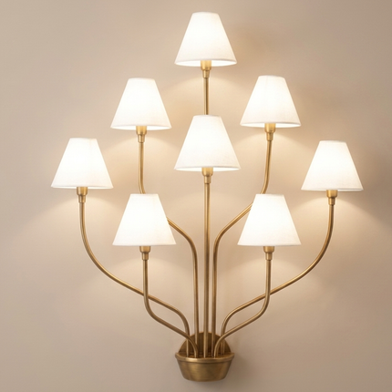 Wall Light – Luxury Antique Brass 8-Light Wall Sconce with White Fabric Shades | Wall Lighting Fixture for Living Room Bedroom Hallway Deco