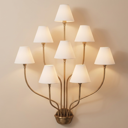 Wall Light – Luxury Antique Brass 8-Light Wall Sconce with White Fabric Shades | Wall Lighting Fixture for Living Room Bedroom Hallway Deco
