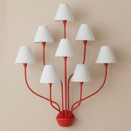 Wall Light – Bold Modern Red 8-Light Designer Wall Sconce with White Fabric Lampshades. Statement Wall Lighting Fixture for Luxury Interiors