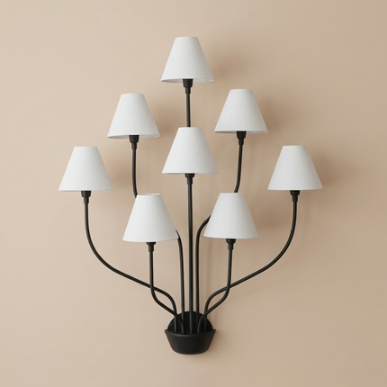 8 Light Wall Sconce, Black Wall Lamp, Large Statement Sconce, White Fabric Shades, Modern Chandelier Wall Light, Living Room Lighting