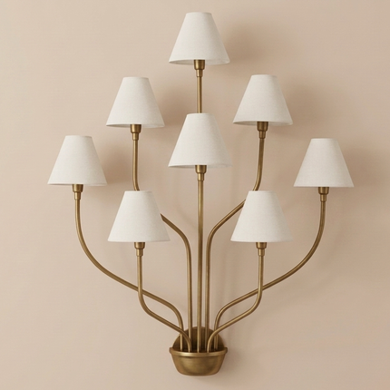 Wall Light – Luxury Antique Brass 8-Light Wall Sconce with White Fabric Shades | Wall Lighting Fixture for Living Room Bedroom Hallway Deco