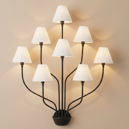 8 Light Wall Sconce, Black Wall Lamp, Large Statement Sconce, White Fabric Shades, Modern Chandelier Wall Light, Living Room Lighting