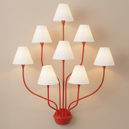 Wall Light – Bold Modern Red 8-Light Designer Wall Sconce with White Fabric Lampshades. Statement Wall Lighting Fixture for Luxury Interiors