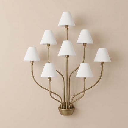 Wall Light – Luxury Antique Brass 8-Light Wall Sconce with White Fabric Shades | Wall Lighting Fixture for Living Room Bedroom Hallway Deco