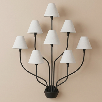 8 Light Wall Sconce, Black Wall Lamp, Large Statement Sconce, White Fabric Shades, Modern Chandelier Wall Light, Living Room Lighting