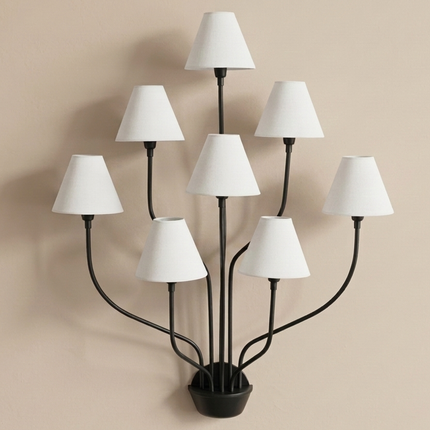 8 Light Wall Sconce, Black Wall Lamp, Large Statement Sconce, White Fabric Shades, Modern Chandelier Wall Light, Living Room Lighting