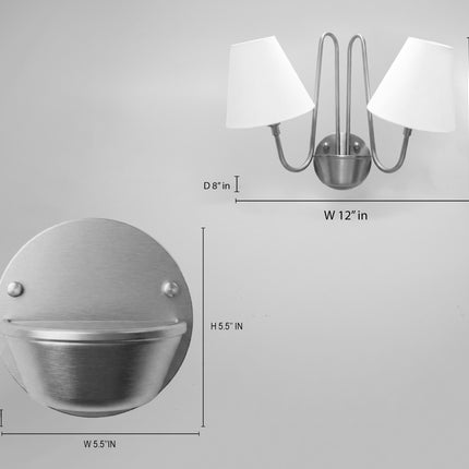 2 Light Gold Wall Sconce, Brass Wall Lamp with White Fabric Shades, Modern Luxury Wall Light, Elegant Bedroom Sconce, Living Room Lighting
